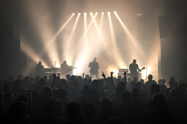salle de concert Des Lendemains Qui Chantent vue depuis le public avec des jeux de lumières sur les musiciens sur scène